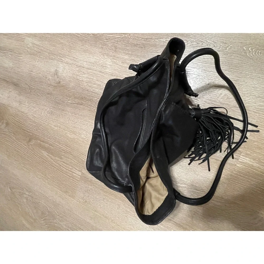 Hobo Black Top Grain Leather Tassel Tote Bag Rolled Straps and Exterior Pocket